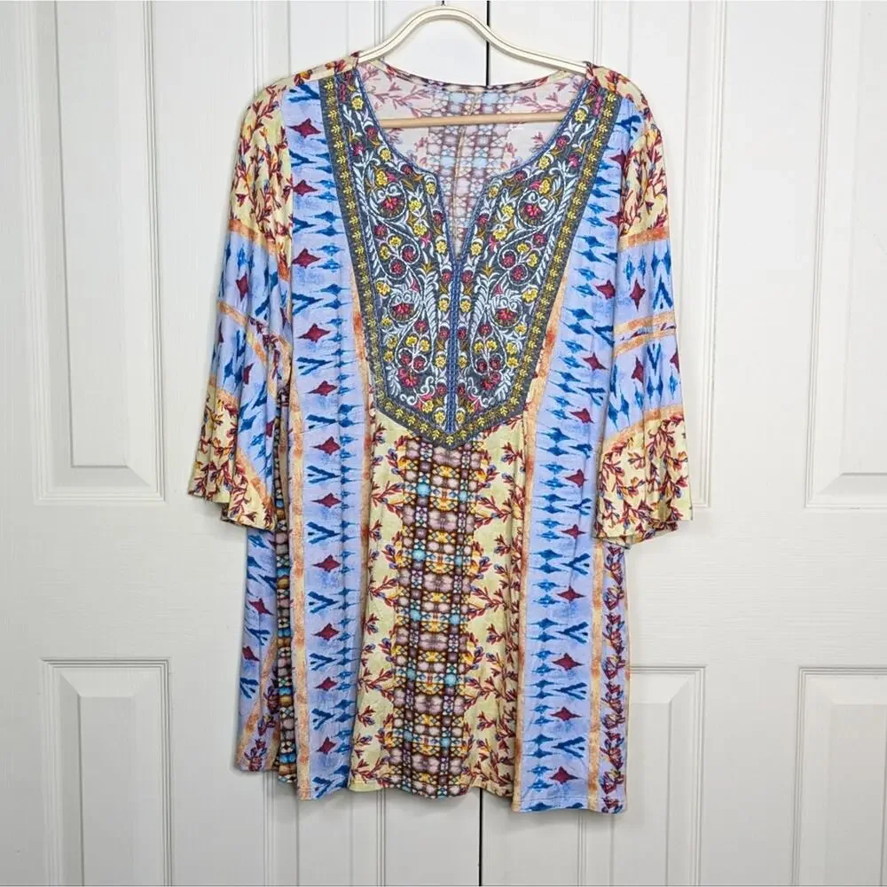 Soft Surroundings Fifi Tunic Top XL Embroidered Mixed Print Bell Sleeve Floral - Picture 3 of 13